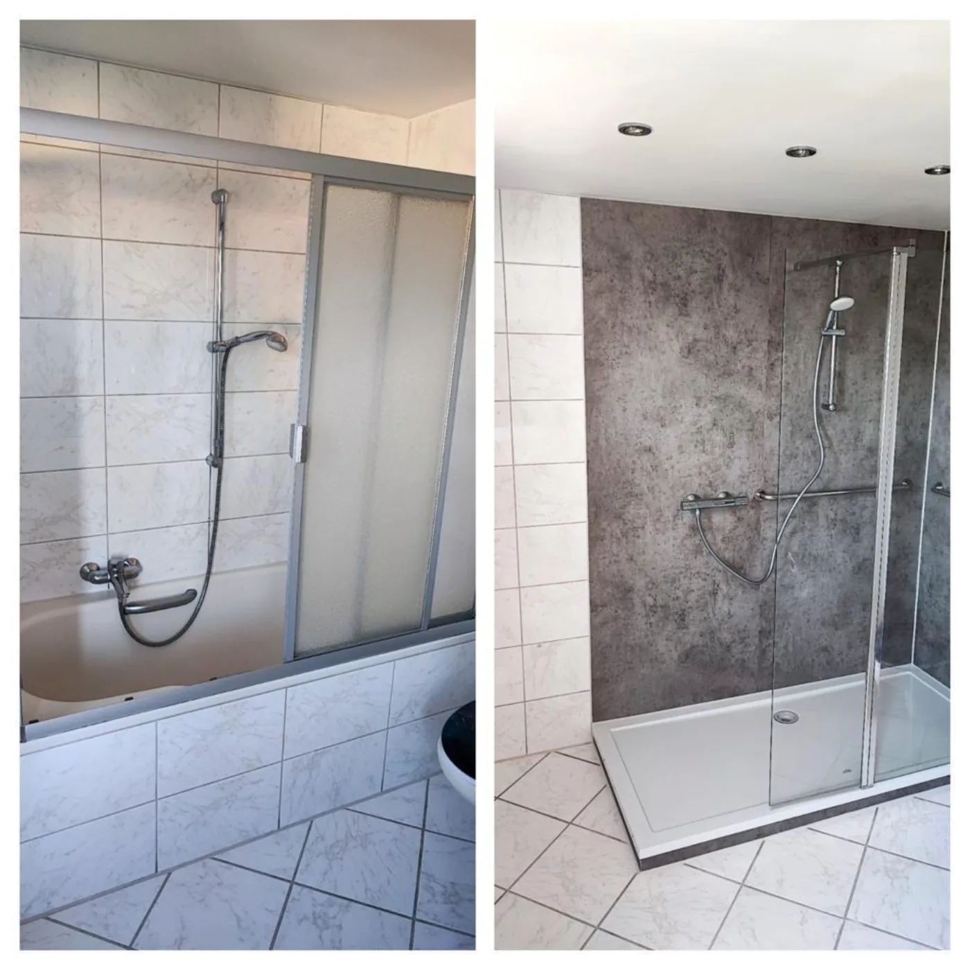Vorher-Nachher-Vergleich: Badewanne wird zu einer sicheren Dusche